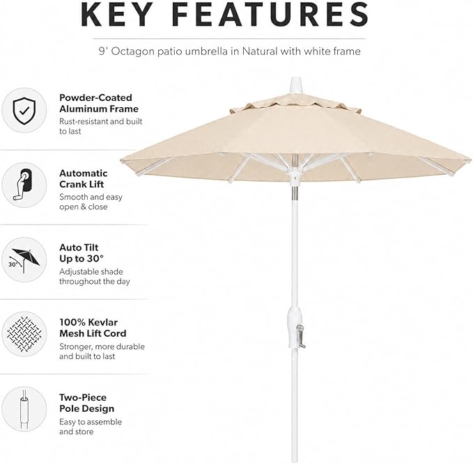 Treasure Garden 9ft Patio Umbrella - Outdoor Furniture Market Umbrella – Deluxe Auto-Tilt – White Aluminum Frame (Sunbrella, Natural)