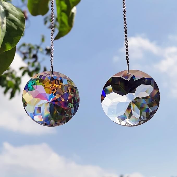 2PCS Circle Crystal Suncatcher Prisms for Windows (Circle ABColor) | AB Color, Transparent, K9 Glass, Rainbow Maker, with Hooks & Cord