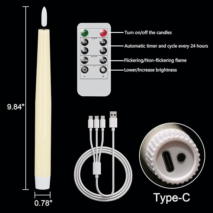 GenSwin Rechargeable Flameless Taper Candles, 3 Pack Ivory LED Taper Candles Battery Operated with Remote Timer, Real Wax Flameless Candlesticks for Christmas Holiday Home Decor