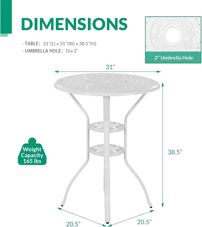 VIVIJASON 31" Patio Height Bar Table, All-Weather Cast Aluminum Bar Bistro Table Outdoor Patio Round Dining Table with Umbrella Hole for Balcony, Lawn, Garden, Backyard, White