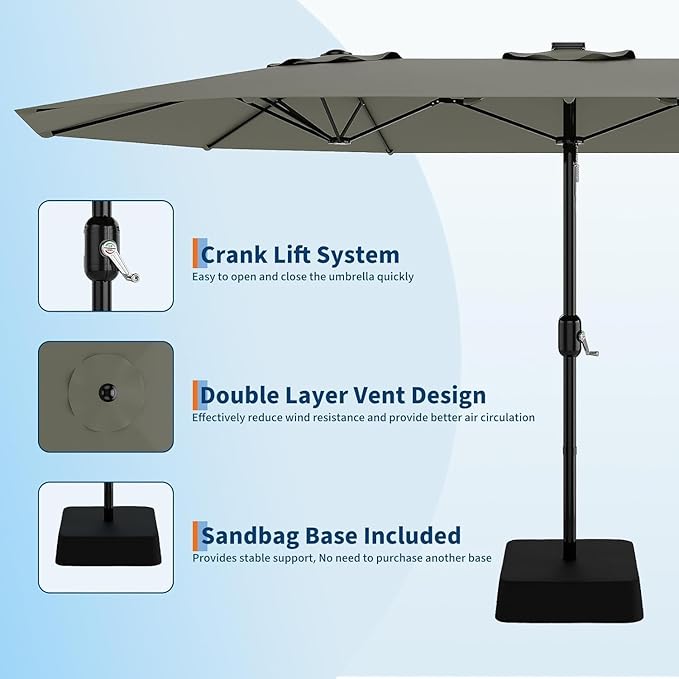 15FT Extra Large Double-Sided Patio Umbrella with Solar LED Lights – Heavy-Duty Rectangular Outdoor Market Umbrella, Fade-Resistant UV Canopy, Included Base for Backyard, Pool, Deck, Garden – Beige/Mist Blue