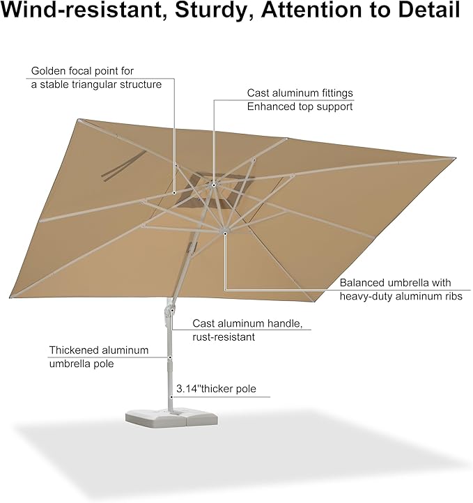 PURPLE LEAF 10' × 13' Patio Umbrella With Base White Cantilever Umbrella Square Outdoor Offset Umbrella Windproof with 360° Rotation for Garden Deck Pool, Beige