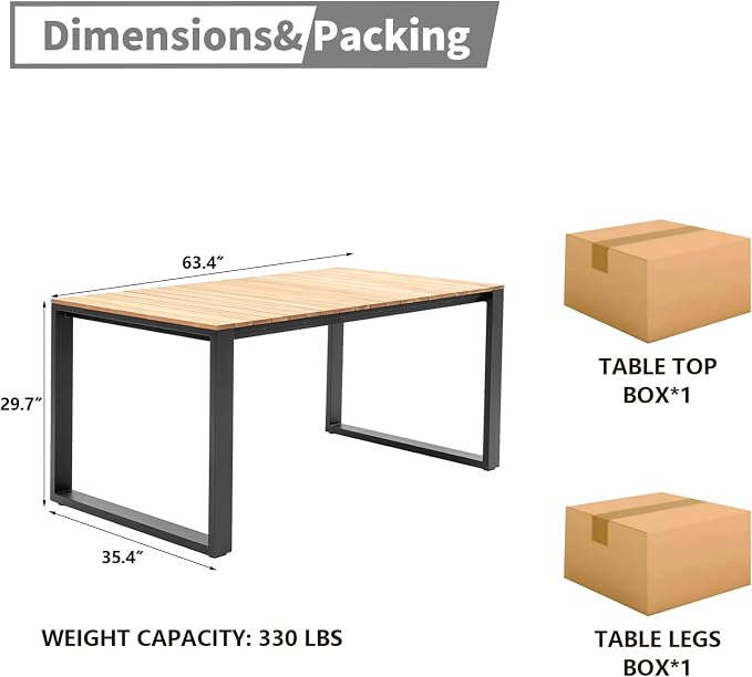 Outdoor Patio Dining Table 63" Rectangular Dining Table Aluminum Frame with Teak Wood Look Outdoor Rectangle Tables for 4-6 Person,Grey Frame