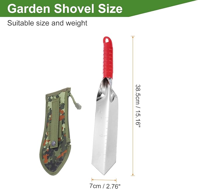 HARFINGTON Garden Hand Shovel 15.2 x 2.7 Stainless Steel Trowel Garden Tool with Sheath for Digging Planting Transplanting, Red & Green