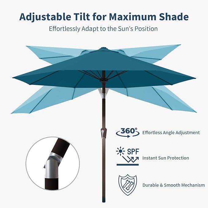 10FT Patio Umbrella Outdoor Market Umbrella with Crank and Tilt, 8 Flexible Fiberglass Ribs, UV-Resistant Waterproof Canopy for Patio, Deck, Garden, Backyard, Lake Blue
