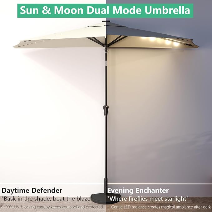 Helios&Hestia 9 ft Small Half Round Solar Powered Wall Outdoor Market Patio Umbrella with LED Lights and Tilt for Garden, Deck, Balcony