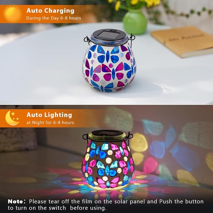 Stargarden Mosaic Solar Lanterns, Glass Hanging Lantern Waterproof Outdoor Hanging Solar Lights Butterfly Decorative Lantern for Garden ,Patio,Yard Decor