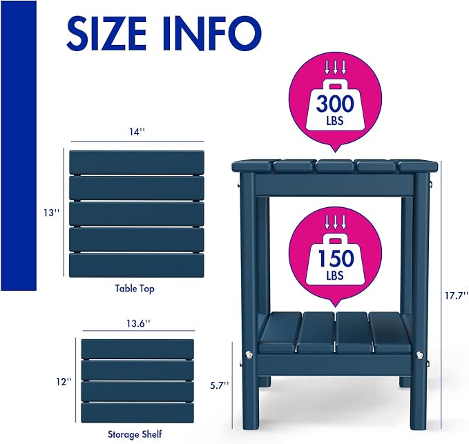 BRIOPAWS Outdoor-Side-Tables | Set of 4 | Small | HDPE Plastic | Patio End-Table | 2-Shelf Adirondack Outside Tables | All Weather | for Poolside Front Porch Indoor Living Room | 14" x 13" | Blue