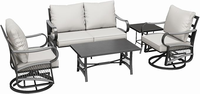 5 Piece Patio Furniture Set, Outdoor All Weather Conversation Sofa Set with 2 Swivel Chairs, Rope Braided Design and Thick Cushions for Garden, Porch, Lawn, Beige