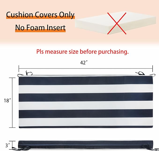 Magpie Fabrics Patio Bench Cushion Cover 42x18x3 Inch, NO Insert! Water&Fade Resistant Outdoor Loveseat Replacement Cover with Zipper (Navy White)