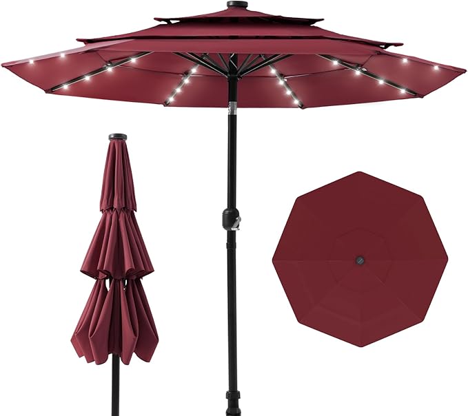 HOMPUS 9FT/10FT/11FT 3 Tiers Solar LED Patio Umbrella for Outside, Outdoor Market Umbrella with Push Button Tilt, 40 LEDs, Sun Shade for for Backyard, Deck, Garden
