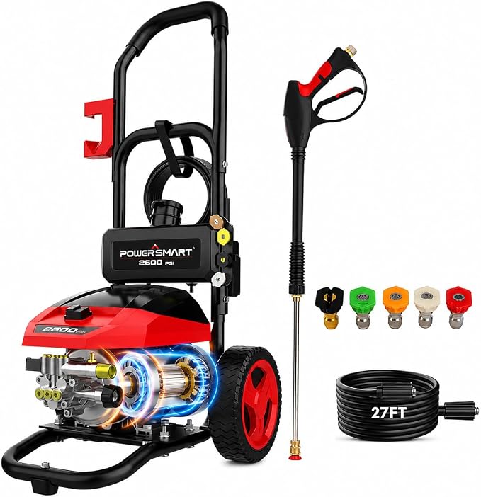 PowerSmart 3000 PSI Max Electric Pressure Washer-1.2 GPM Brushless Motor Power Washer with 5 Nozzles, GFCI Protection, 8” Wheels and Soap Tank, for Car, Patio, Fence, Driveway Cleaning