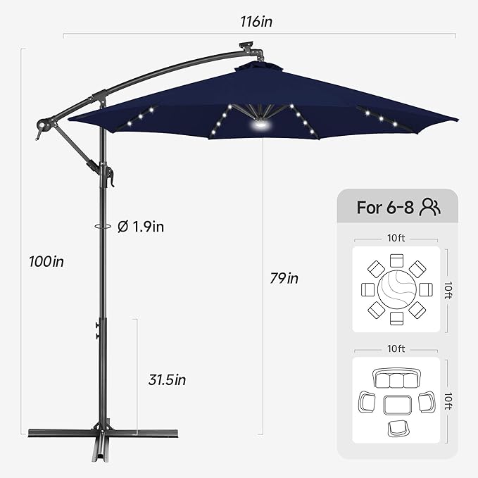 Solar Offset Patio Umbrella - 10 FT Solar Cantilever Umbrella Outdoor with 40 LED Lights and Cross Base, UV Protection for Garden, Deck, Backyard, Pool, Porch, Navy Bluery