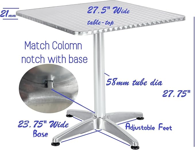 BTEXPERT Indoor Outdoor Restaurant Stainless Steel Aluminum Metal Slat Stack Commercial Lightweight, 2 Chairs with a 27.5" Square Table, Silver/Black