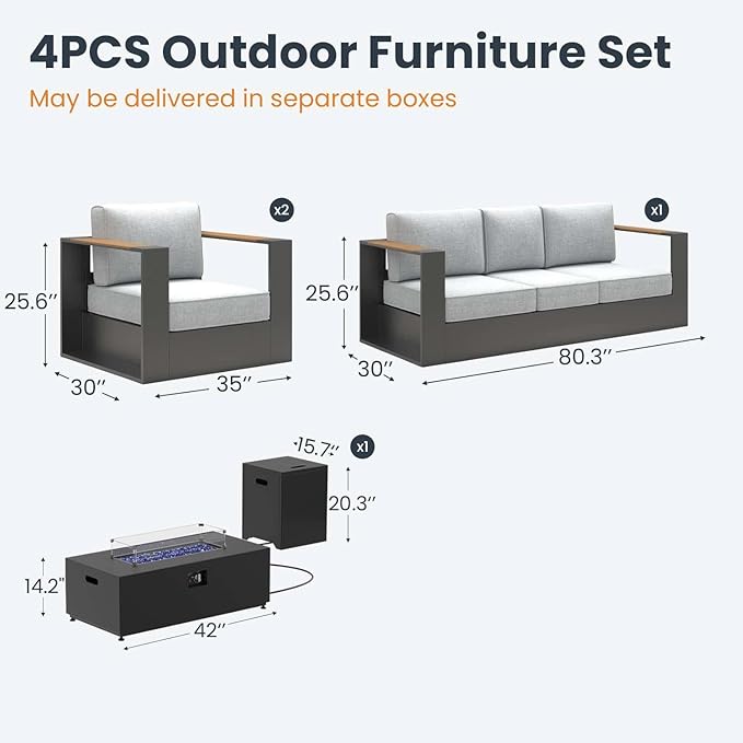 Aluminum Patio Furniture Set, 5 Seats Luxury Seating Furniture with 42" Fire Pit Table, All Weather Outdoor Conversation Sets with 6" Thickened Cushions