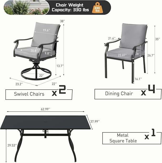 7 Piece Outdoor Patio Dining Set, 62’’ Rectangular Metal Dining Table & 4pcs Metal Dining Chairs & 2pcs Swivel Rocking Chairs , Outdoor Furniture Dining Set for Patio, Balcony, Lawn, Garden, Backyard