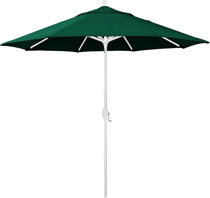 California Umbrella 12-Year-Non-Fading, 9Ft Premium Sunbrella Patio Umbrella, Hand-Crank, Button-Tilt, White Frame, Forest Green Fabric