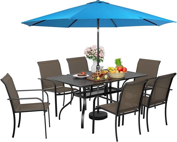 Incbruce 8 Pieces Patio Dining Set with Sky Blue Umbrella, Outdoor Dining Set of 6 Textilene Chairs and Rectangle Table with Umbrella Hole for Backyard, Garden, and Poolside (Brown)