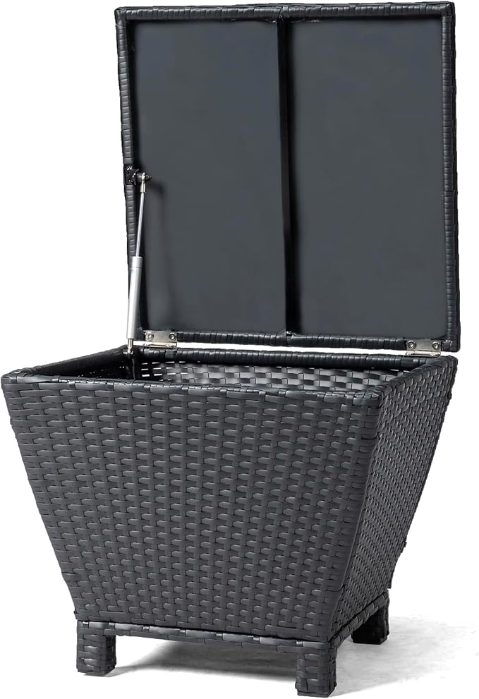 Outdoor Storage Side Table with Lid – PE Wicker Patio Table, 13-Gallon Square Bin for Hose, Cushions – All-Weather Rattan Deck Furniture (Black)