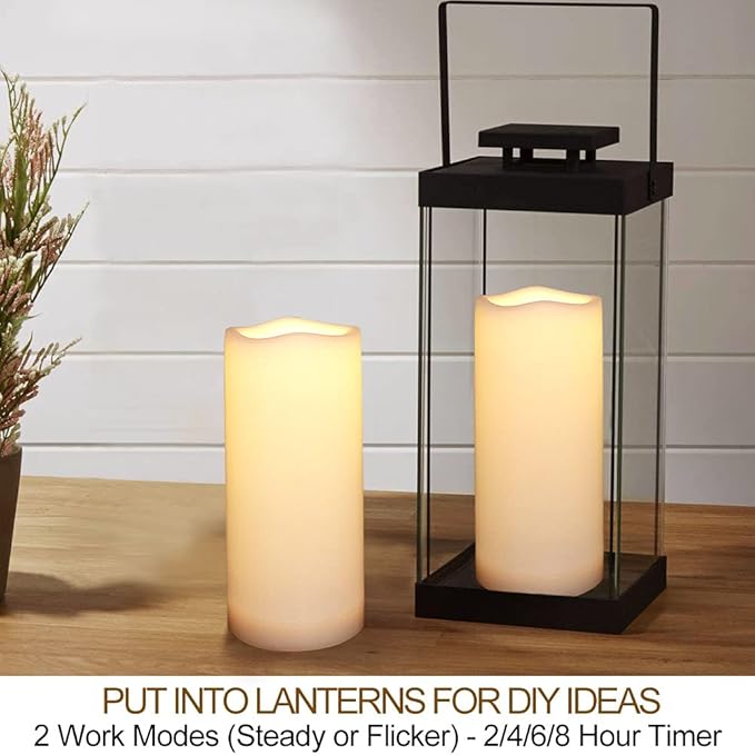 Pack of 2 Outdoor LED Pillar Candles 3x7 White with Timer and Remote - IP65 Waterproof Battery Operated LED Pillar Candles - Flickering Flameless Candle Unscented for Outside