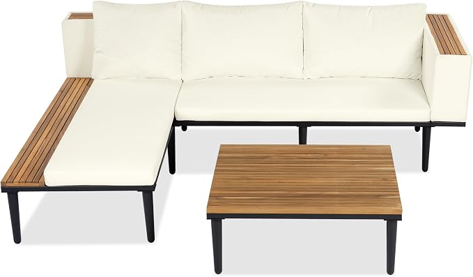 Luxury Patio Furniture Set with Removable Cushions and Coffee Table, L-Shaped Acacia Wood Sofa with Side Table, Outdoor Conversation Sectional Sofa for Backyard,Porch (Beige#51)
