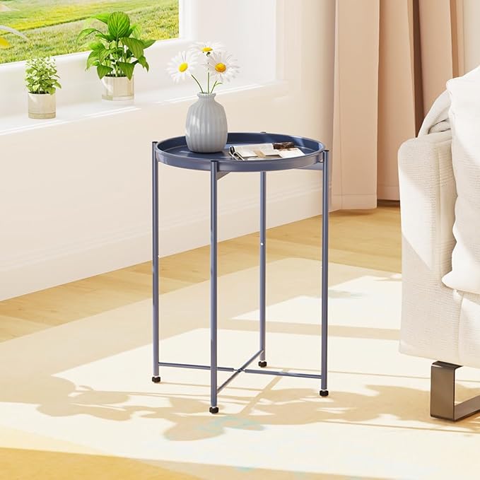 Garden 4 you Small Side Table, Blue Mini Round End Table, Tray Table with Metal Frame, Modern Nightstand for Living Room, Bedroom, Patio, Small Space, 1pcs