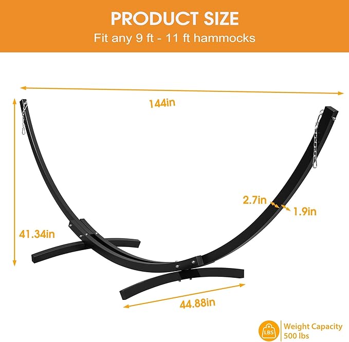 Lazy Daze Hammocks 12 Ft Heavy Duty Steel Arc Hammock Stand with Carabiner and Chain, 2 Person Weather-Resistant Curved Stand for Outside, Backyard, Patio, 500 Lbs Capacity, Black
