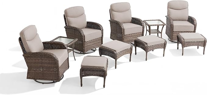 Outdoor Swivel Rocking Chair Patio Set (10pcs) High-Back - Thick Cushion Swivel Rocking Chair Patio Chairs Set, All-Weather Wicker Patio Furniture Set, Suitable for Balcony Patios, Brown/Beige