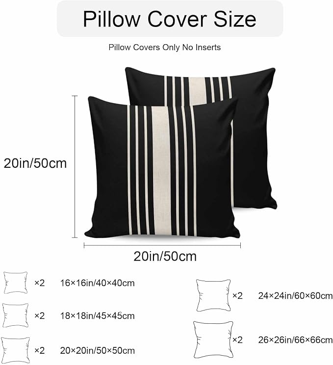 Vandarllin Outdoor Throw Pillows Covers 16x16 inch Set of 2 Waterproof Black Stripes Decorative Zippered Cushion Covers for Patio Furniture, Classic Striped Linen Lumbar Pillowcases