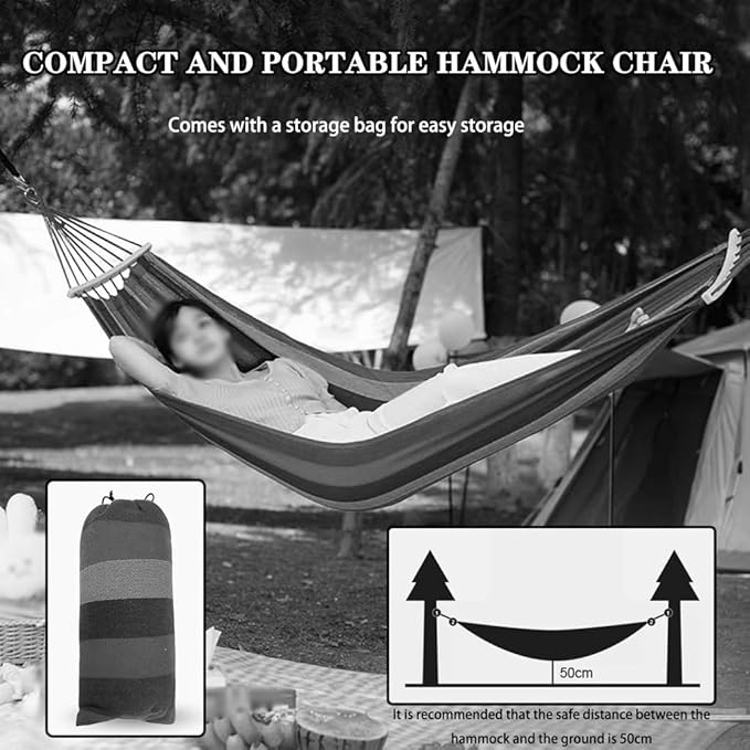 Outdoor Anti-Rollover Double Hammock, Portable Canvas Swing for Beach, Camping Equipment with Storage Bag, Load Bearing 300kg/661.4lbs(Blue-White)