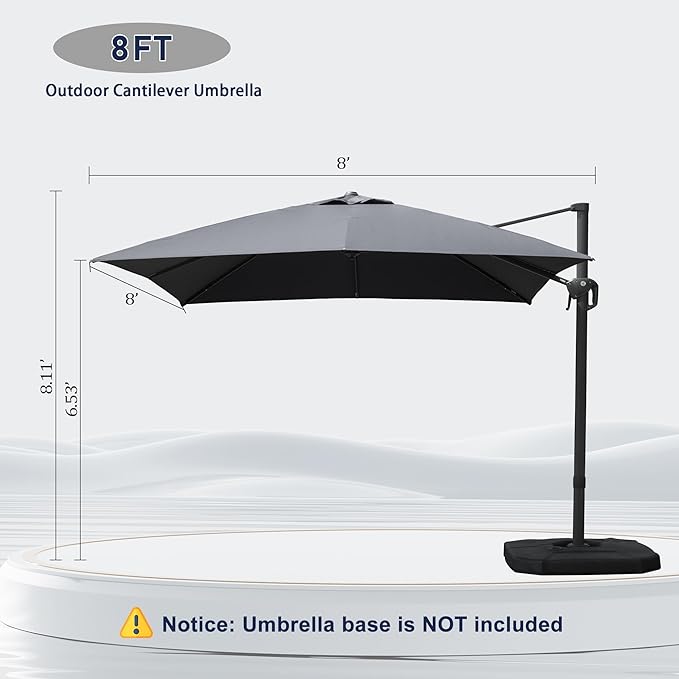 Domi 8’x8’ Cantilever Patio Umbrella, Aluminum Windproof Outdoor Umbrella with 360°Rotation, Square Offset Sun Shade Umbrella for Outside Deck Backyard Garden Pool, Gray