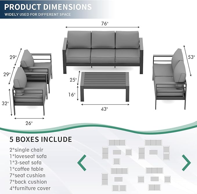 Amopatio Aluminum Patio Furniture Set, 8 Pieces Modern Patio Conversation Sets, Outdoor Sectional Metal Sofa with Coffee Table for Balcony, Garden, Dark Grey (Included Waterproof Covers)