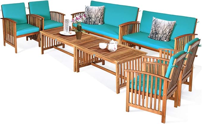 Tangkula 8 PCS Outdoor Acacia Wood Sofa Set w/Water Resistant Cushions, Padded Patio Seating Chat Set w/Coffee Table for Garden, Backyard, Poolside (2, Turquoise)