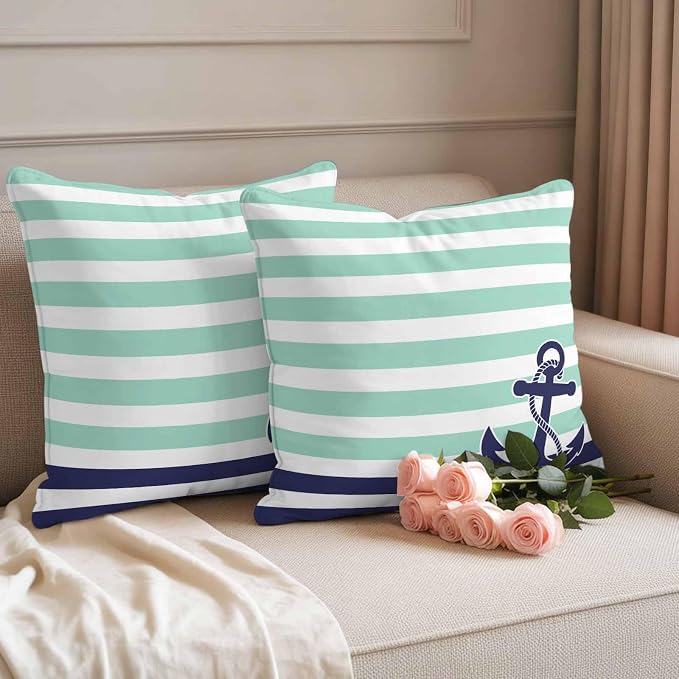 Throw Pillow Covers 24x24 Inch Set of 2, Anchor Aqua Waterproof Outdoor Cushion Covers, Modern Navy Blue White Striped Nautical Decorative Pillowcases for Couch, Sofa, Bed, Garden, Patio