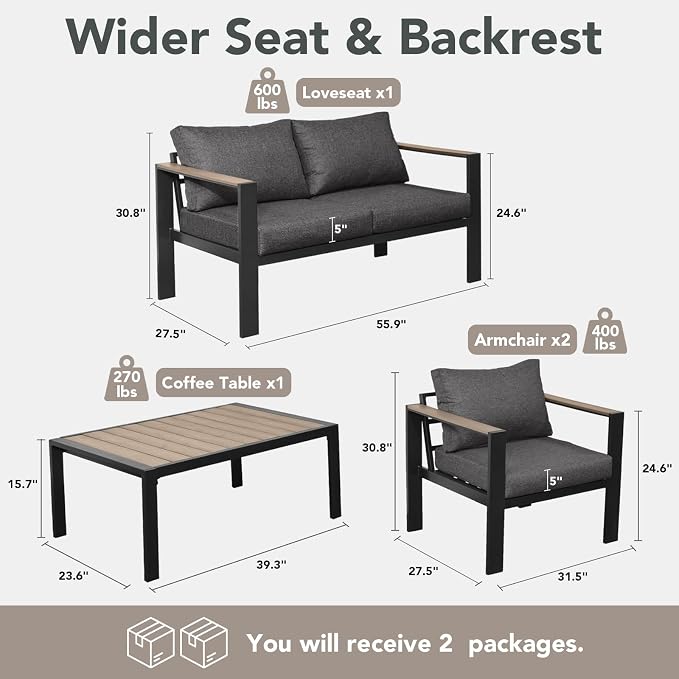 Outdoor Patio Furniture Set 4 Seats Luxury Aluminum Patio Conversation Set with Coffee Table, Washable Thick Cushions, Large Sectional Sofa for Porch, Balcony, Deck, Yard, Dark Gray