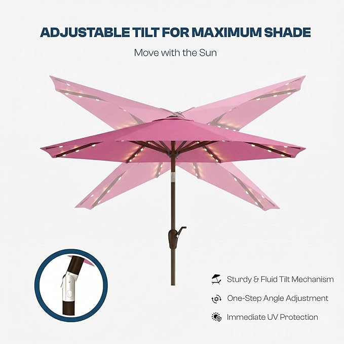 10FT Solar Patio Umbrella with Lights, Outdoor Table Market Umbrella with 32 LED Lights, 8 Sturdy Ribs, Push Button Tilt and Crank for Pool, Deck and Garden, UV-Resistant