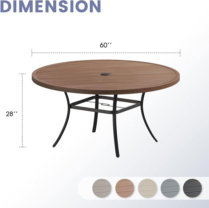 VICLLAX 60" Round Patio Table, Outdoor Dining Table for 8-10 with Umbrella Hole for Garden Lawn Deck Backyard, Walnut