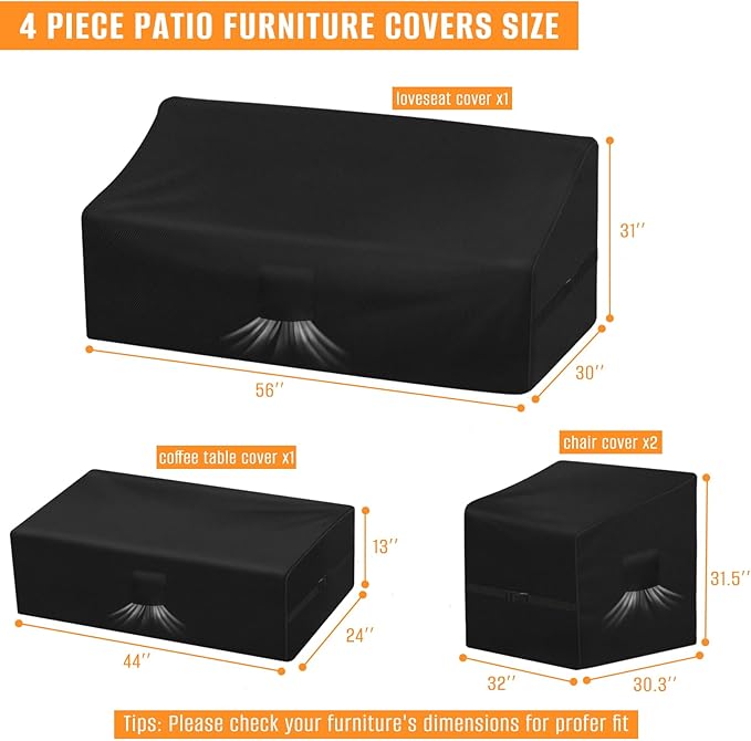 Kovshuiwe Patio Furniture Covers,4-Piece Outdoor Veranda Patio Garden Furniture Covers Set Waterproof, Rattan Furniture Cover for Chair Sofa Coffee Table