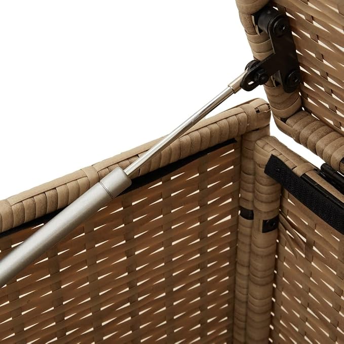 50.2 Gal Outdoor Storage Box with Wheels, Patio Rattan Deck Box, Wicker Garden Storage Bin Deck Box, Poly Rattan Patio Storage Chest with Hinged Lid, 42.1"x21.7"x19.7"/20.9" Mix Beige