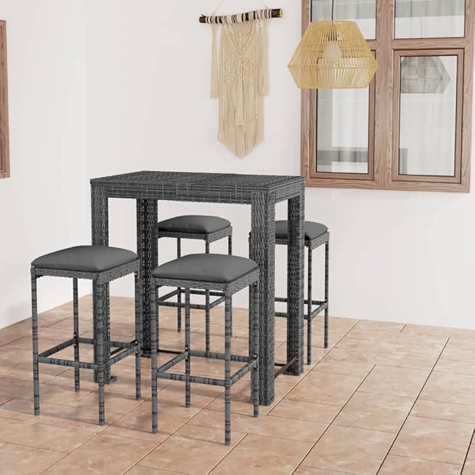 5 Piece Patio Bar Set with Cushions,Garden Table and Chairs Sets,Garden Conversation Sets, Outdoor Patio Furniture,for Patio,Backyard,Garden,Poly Rattan Gray