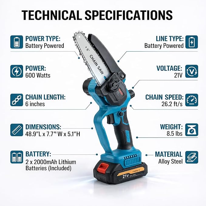 6 Inch Mini Chainsaw Cordless with 2 Batteries and 2 Chains, Portable Electric Chainsaw Handheld Small Battery Powered Chainsaw for Tree Trimming, Wood Cutting, Garden Pruning