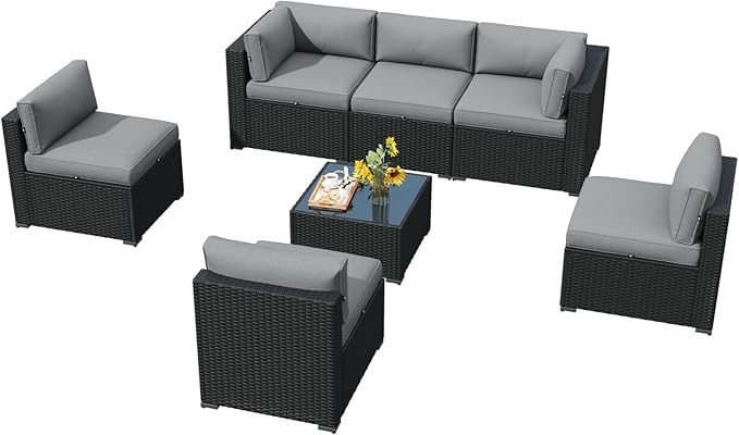 LazySunsets 7 Piece Outdoor Patio Furniture Set with Coffee Table, Outdoor Patio Furniture Sets with Waterproof Cover and 4'' Cushion, Wicker Rattan Outdoor Conversation Set for Backyard, Light Grey