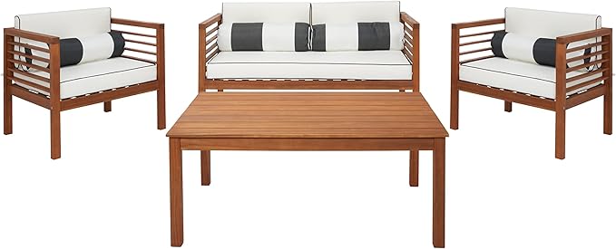 SAFAVIEH Outdoor Collection Alda Natural/Beige Cushion with Black Piping/Stripe Bolster Pillow 4-Piece Conversation Patio Set