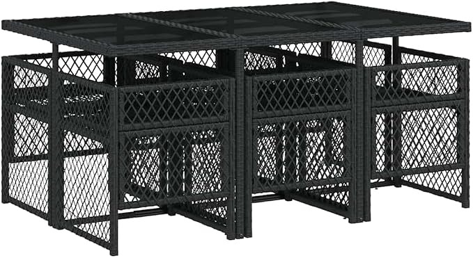 7-Piece Garden Dining Set with Cream White Cushions, Black Poly Rattan Medium Foldable Chairs, Tempered Glass Table for Outdoor Patio
