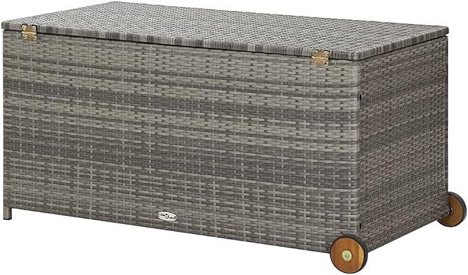 Light Grey Synthetic Rattan Outdoor Storage Box with Wheels Large Rectangular 47.2x47.2x24 Inch Garden Deck Box for Patio Balcony Furniture Organizer Cushions Blankets Toys