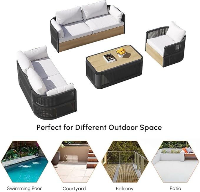 homary 4-Pieces Outdoor Sectional Sofa Set, Aluminum & Rope Patio Swivel Sofa Furniture for 6 with Coffee Table, Modern Outdoor Conversation Set for Gardens, Patios & Balconies