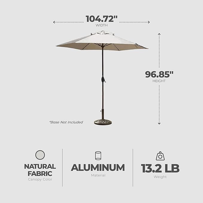 Four Seasons Courtyard 9 Foot Naples Market Patio Umbrella Round Polyester Fabric Outdoor Backyard Shaded Canopy with Push Button Tilt, Natural Color