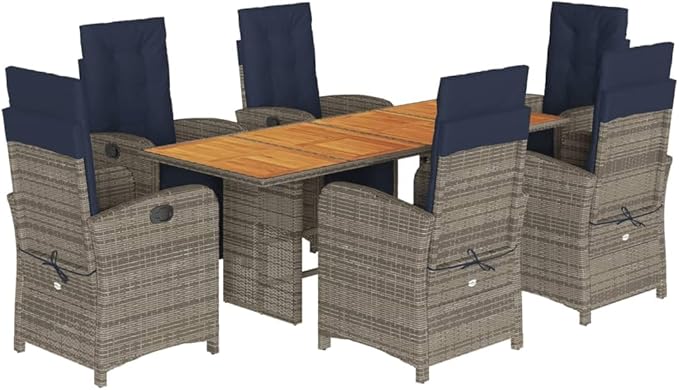 Backyard Furniture Patio Conversation Sets Outdoor Seating 7 Piece Patio Dining Set with Cushions Gray Poly Rattan Suitable for Gardens, Balconies, Decks