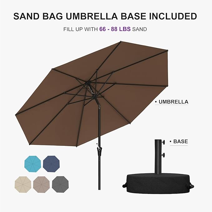 PURPLE LEAF 10' Round Patio Umbrella Outdoor Table Umbrella Aluminum Frame Market Umbrella with 8 Sturdy Ribs & Tilt for Garden Deck Lawn Pool Taupe