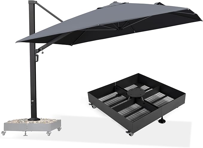 PURPLE LEAF 11 FT Square Patio Cantilever Umbrella with Wheeled Base Included Large Outdoor Offset Umbrella with 360-degree Rotation for Garden Deck Backyard Pool Grey